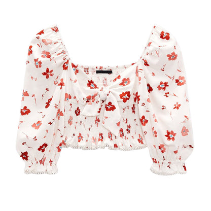 Top in lino con stampa floreale a strati e vita elasticizzata da donna