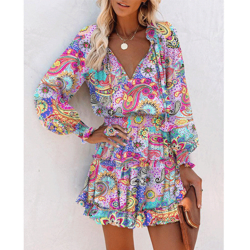 Abito a maniche lunghe con stampa a fiori, alla moda, patchwork, maniche a sbuffo, vita, abiti da donna