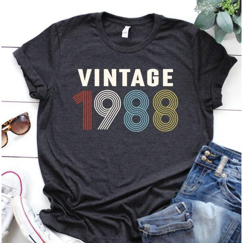 European And American Retro Color Digital Print T-shirt Short-sleeved Top