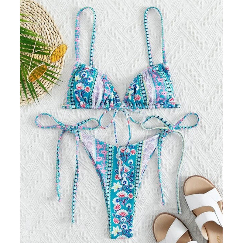 Chinese Style Printed Sub-system Belt Swimsuit