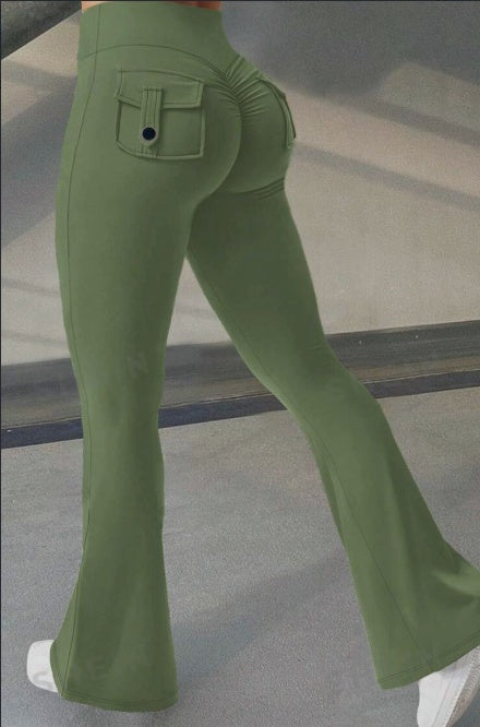 Pantaloni svasati da yoga e fitness con tasche, pantaloni sportivi alla moda a vita alta
