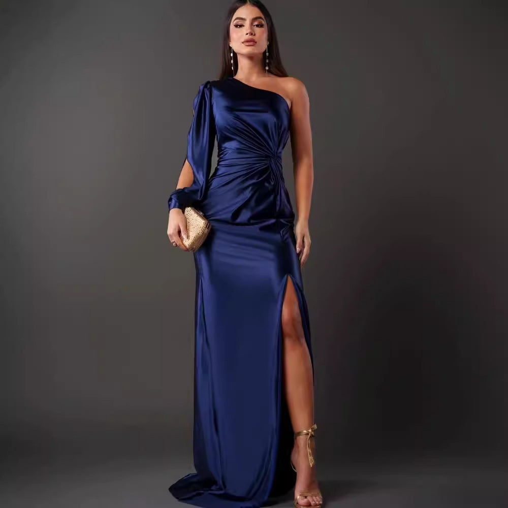Women's One-shoulder Split Dress Ins Fashion Long-sleeved