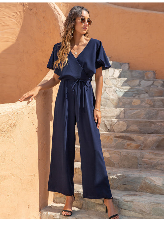 Damen V-Ausschnitt Mode Temperament Lässig Hohe Taille Lose Jumpsuit