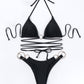Women's Solid Color Metal Ring Long Strap Split Bikini Swimsuit Set