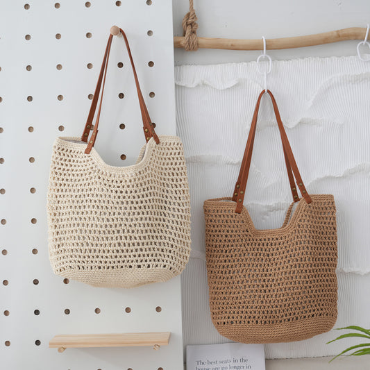 Borsa a mano in paglia leggera intrecciata a maglia cava casual da spiaggia