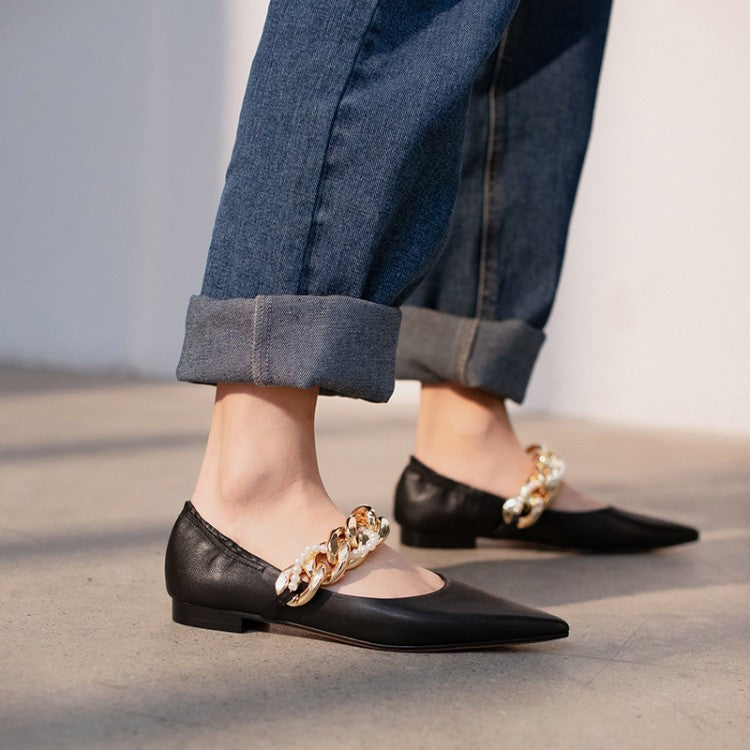 Scarpe Mary Jane da donna con catena di perle e punta affilata
