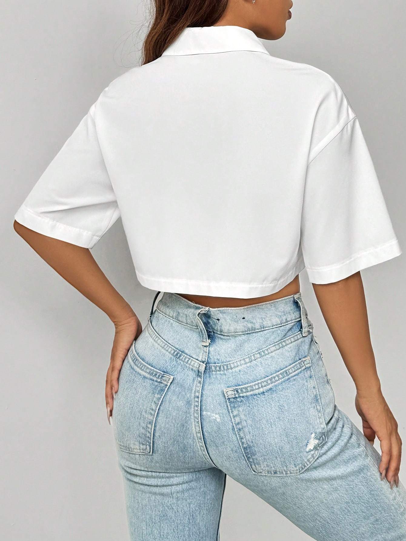 Shoulder Pocket Patched Crop Shirt Short Sleeve Tops