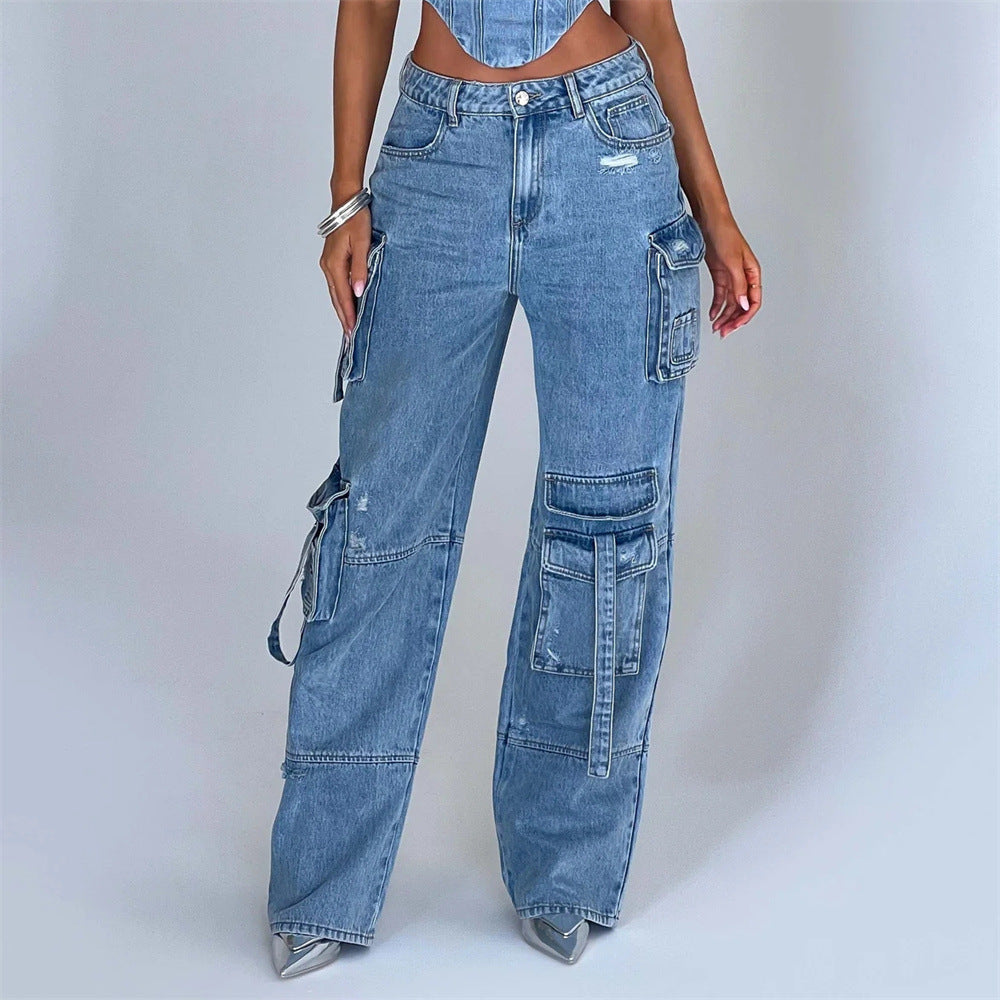 2-teiliges Denim-Set für den Sommer, sexy, rückenfreies Tube-Top und gerade Hose mit mehreren Taschen