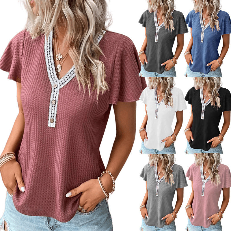 T-shirt a maniche corte con scollo a V e motivo waffle