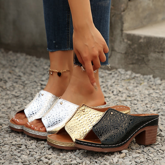 Ciabatte con punta aperta da donna, sandali con zeppa taglie forti