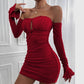 Abito corto a maniche lunghe con spalle scoperte, alla moda e sexy, con pieghe e lacci, abbigliamento da donna