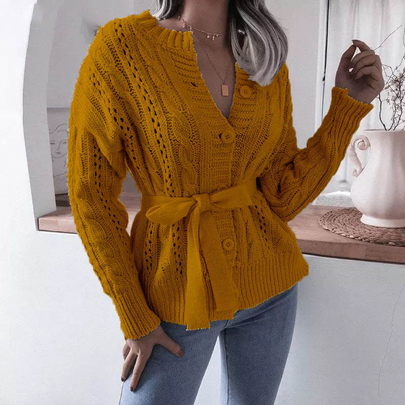 Cardigan lavorato a maglia con bottoni intrecciati in vita