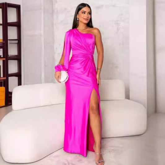 Women's One-shoulder Split Dress Ins Fashion Long-sleeved