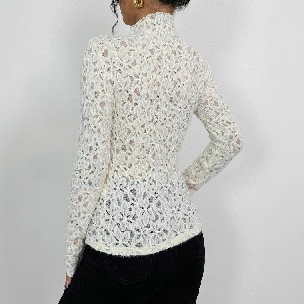 Maglietta aderente in pizzo con collo alto e orecchie in legno da donna