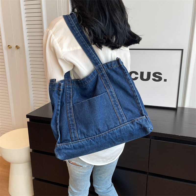 Borsa a mano da pendolare a tracolla grande capacità alla moda in denim da donna