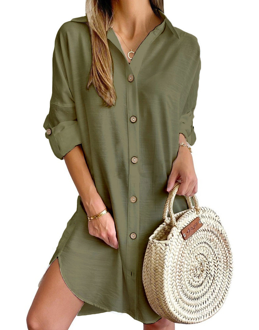 Abito camicia a maniche lunghe con risvolto e bottoni, per il tempo libero autunnale, abbigliamento da donna
