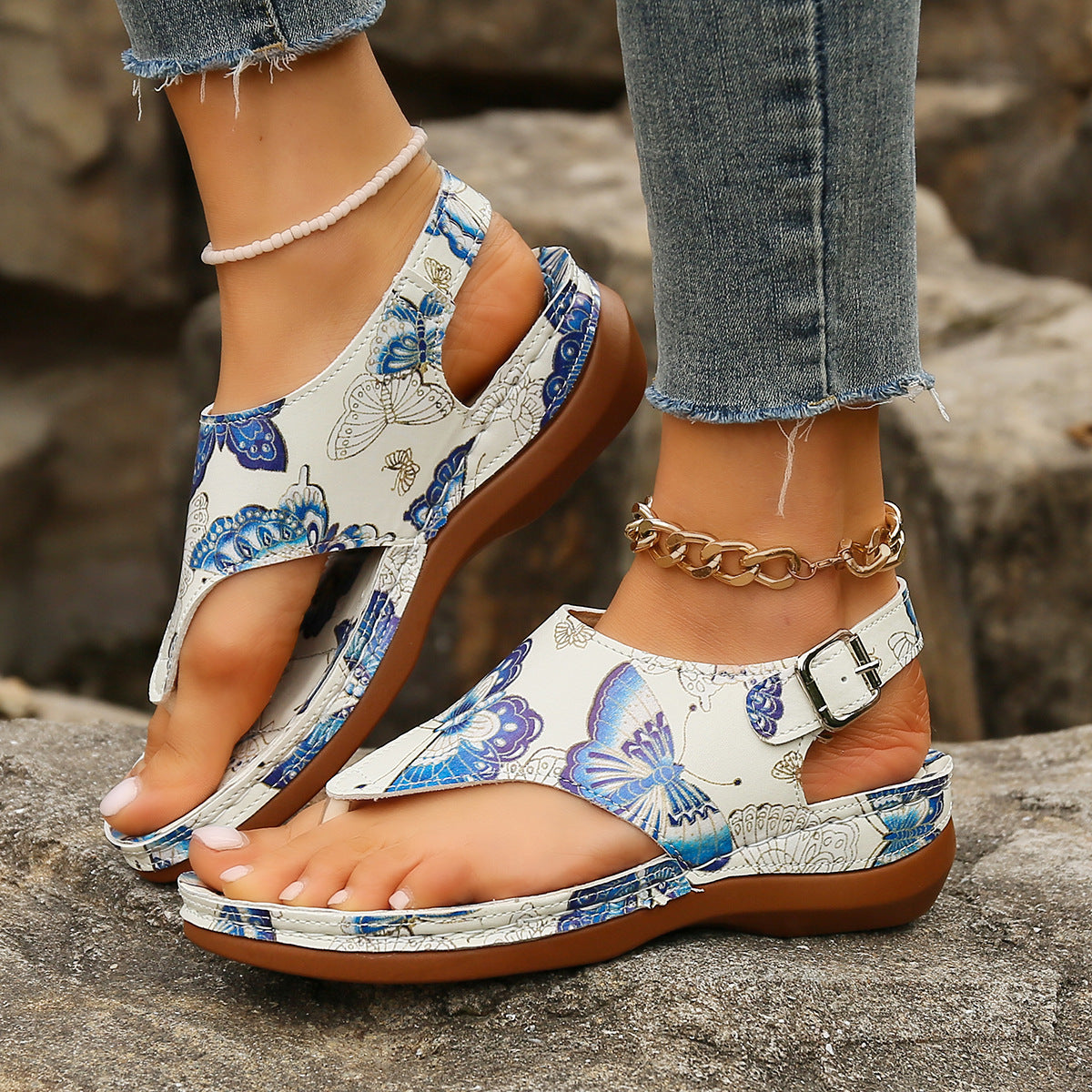 Sandali con zeppa e fibbia sul retro con fiori, casual, da donna