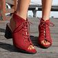 Sandali con tacco spesso e lacci, scarpe estive alla moda con punta aperta per le donne