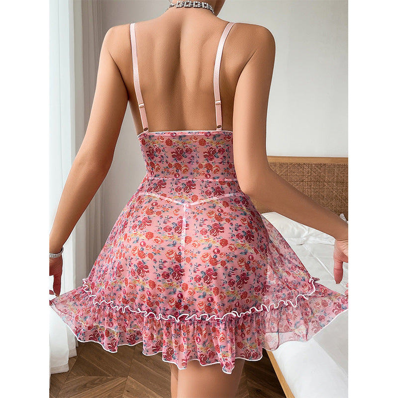Sexy Mesh Floral Print See-through Slip Nightdress