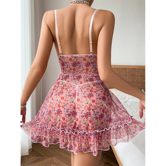 Sexy Mesh Floral Print See-through Slip Nightdress