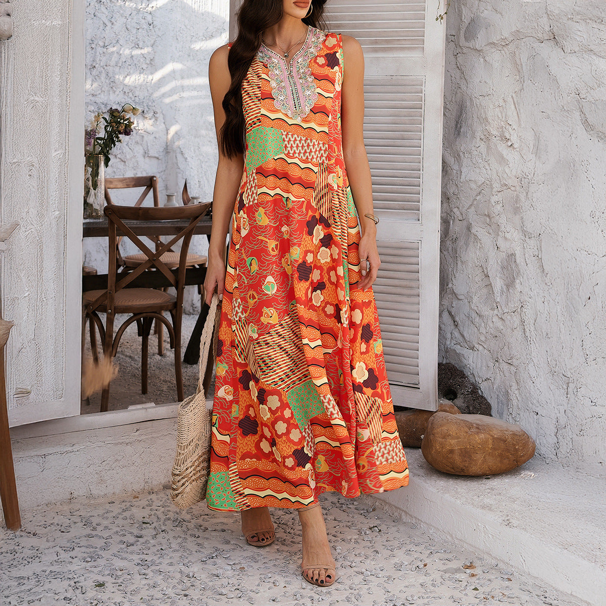 Vestito da vacanza senza maniche a trapezio con stampa a contrasto di colore, abbigliamento da donna