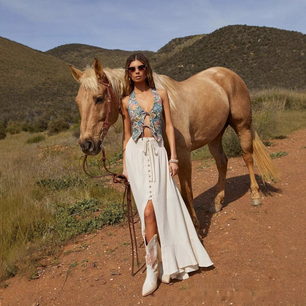 Europäisches und amerikanisches halblanges, einfarbiges, taillenverschlankendes langes Kleid mit Schnürung