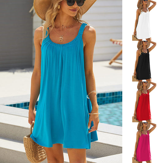 Abito da spiaggia ampio e casual in tinta unita, con bretelle, estivo, scollo rotondo, abbigliamento da donna