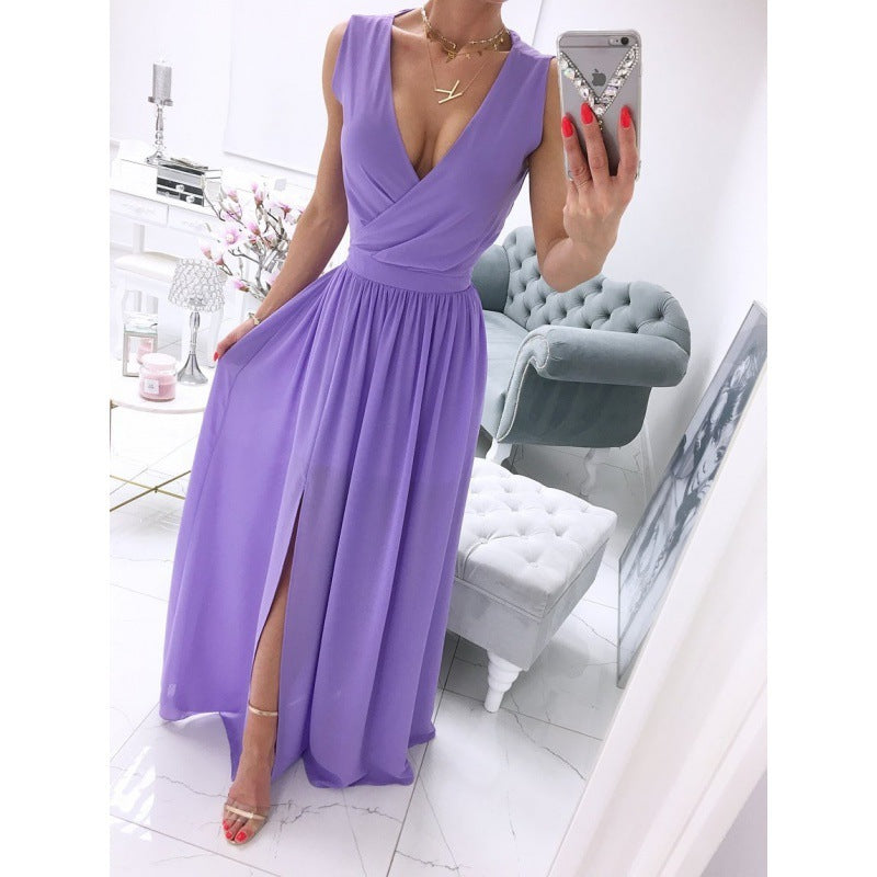 Ärmelloses Sommerkleid mit Knöchelrock für Damen, einfarbig, V-Ausschnitt, vorne geteilt, langes Kleid