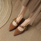 French Style Pointed Toe Shallow Mouth Low Heel Buckle Leather Shoes