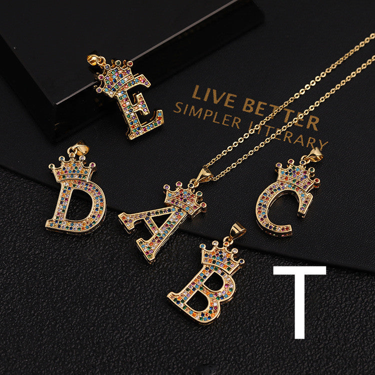 Micro-inlaid Colorful Zircon Hip-hop Personality 26 Letters Pendant Necklace