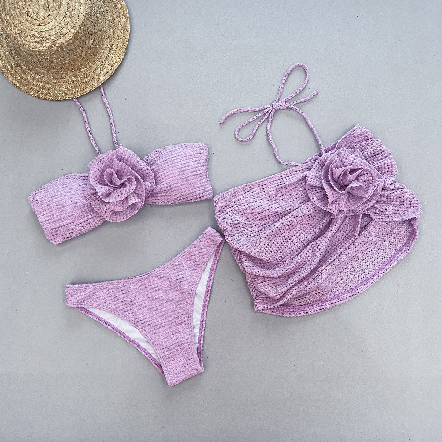 3D Flower Split Damen Badeanzug Dreiteiliger Bikini