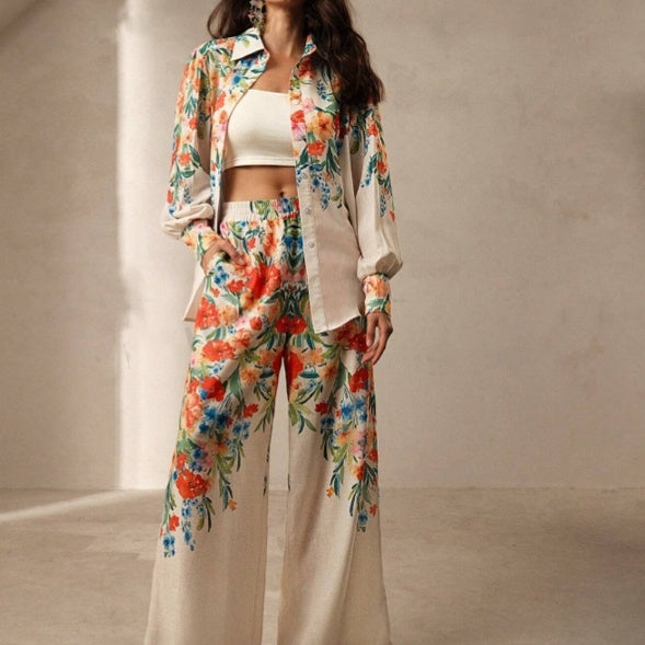 Casual Fashion Floral Print Women Blouse And Pants Suit