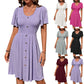 Summer U-neck Short-sleeved Dress With Button Design Fashion Casual Solid Color Holiday Dress For Womens Clothing