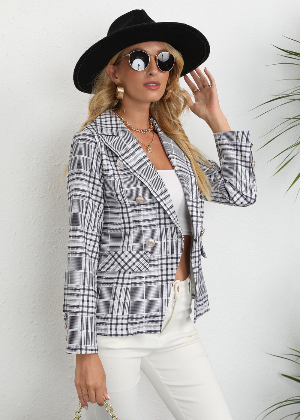 Women's Fashion Plaid Button Lapel Long Sleeve Coat