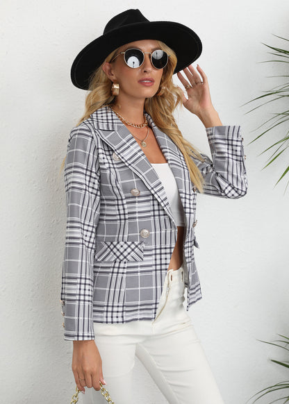 Women's Fashion Plaid Button Lapel Long Sleeve Coat