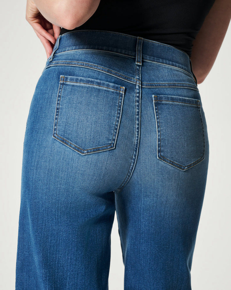 Damen Jeanshose mit hoher Taille, lässig, weites Bein, gerade Hose