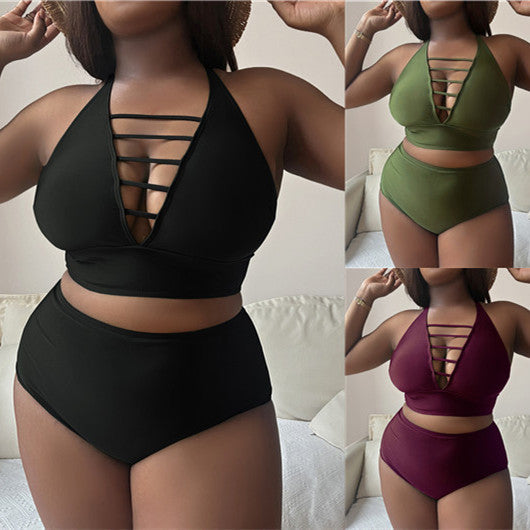 Plump Girls Plus Size Einfarbig Hohl Kreuz Schultergurt Verstellbar Neckholder Bikini
