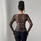 Transparent Leopard Mesh Round Neck Long Sleeved Fitted T-shirt