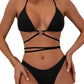 Women's Solid Color Metal Ring Long Strap Split Bikini Swimsuit Set