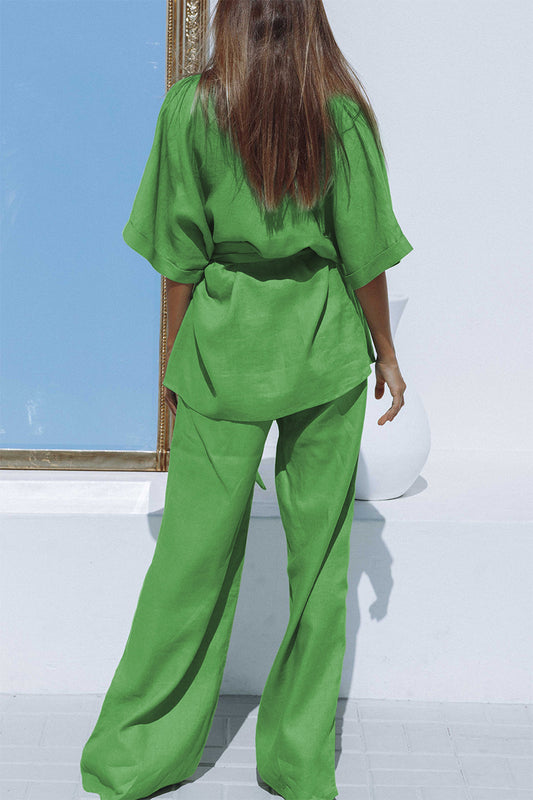 Abito alla moda in cotone e lino, pantaloni a maniche corte, due pezzi, cintura, design, senso dell'abbigliamento casual da donna