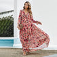Floral Floral Dress Women Deep V-neck Ruffled Puff Sleeve Skirt