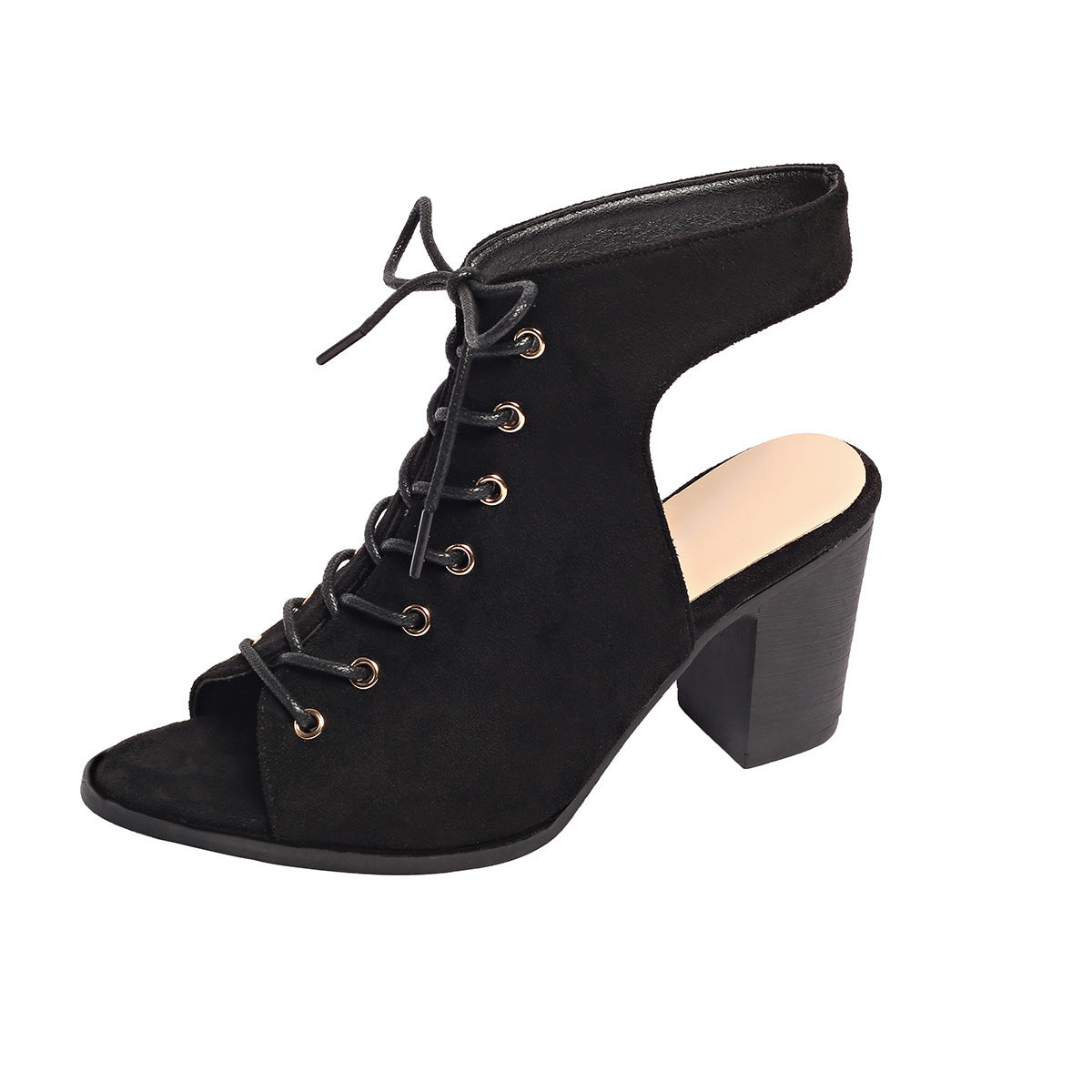 Sandali con tacco spesso e lacci, scarpe estive alla moda con punta aperta per le donne