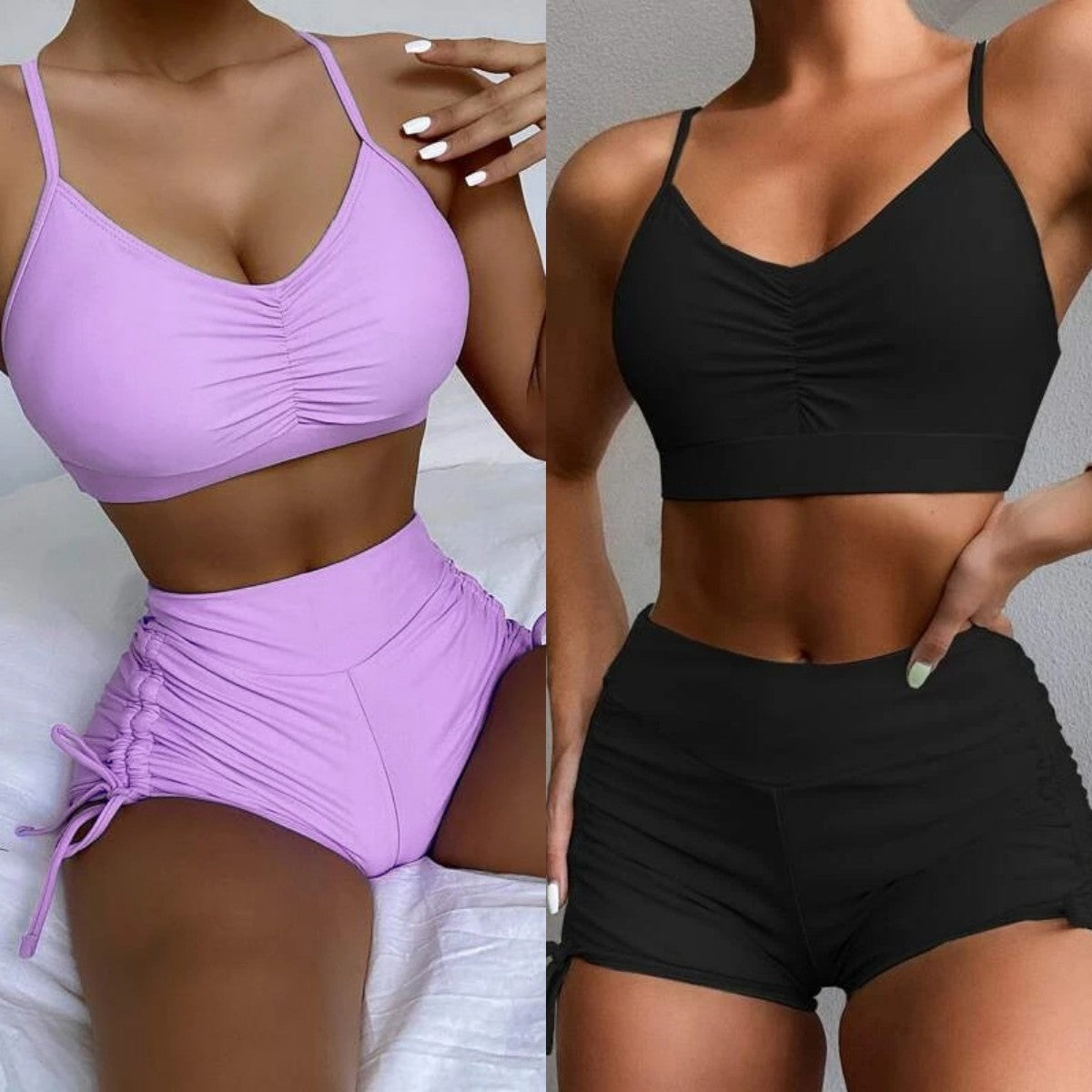 Costume da bagno bikini a vita alta con spacco, colore puro, da donna