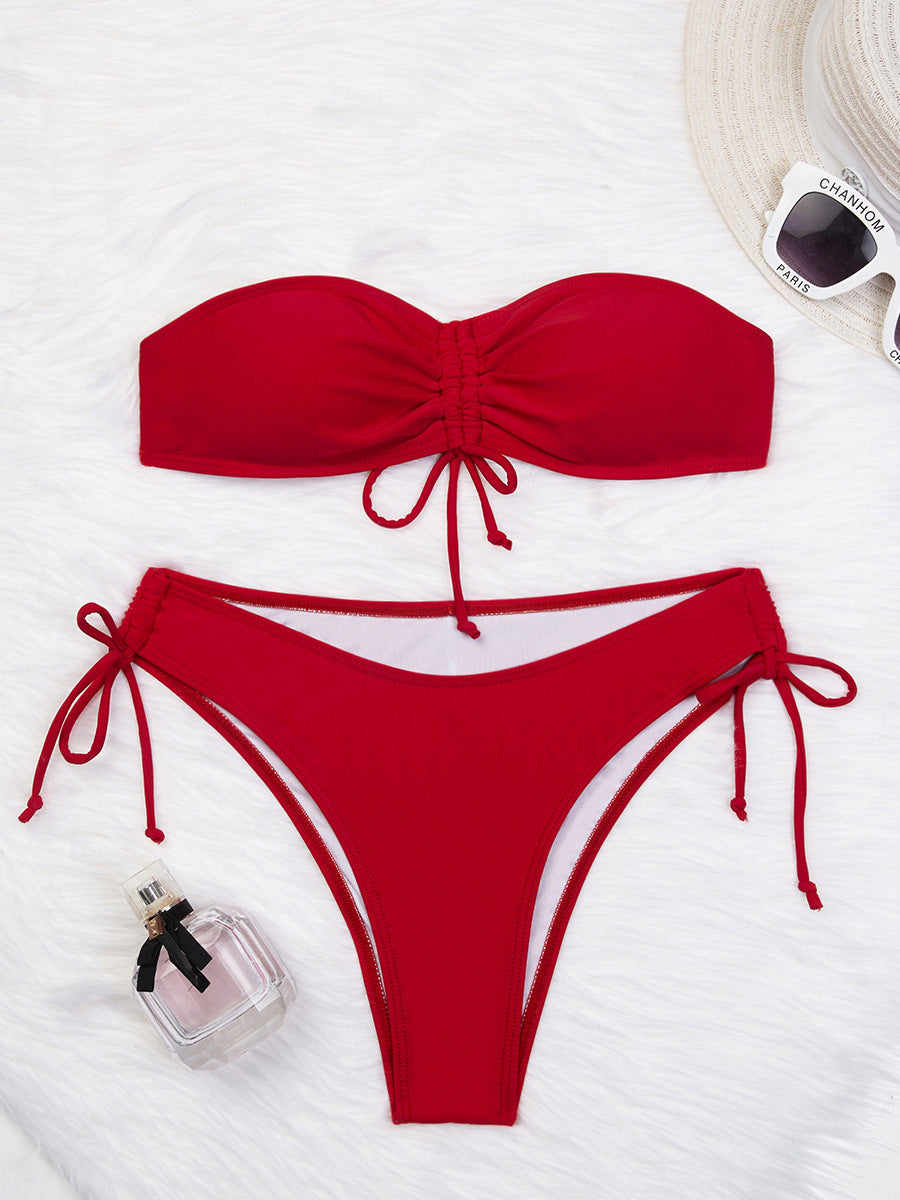 Kordelzug Design Tube Bikini Sommer Einfarbig Sexy Badeanzug Für Strand Party Damenbekleidung