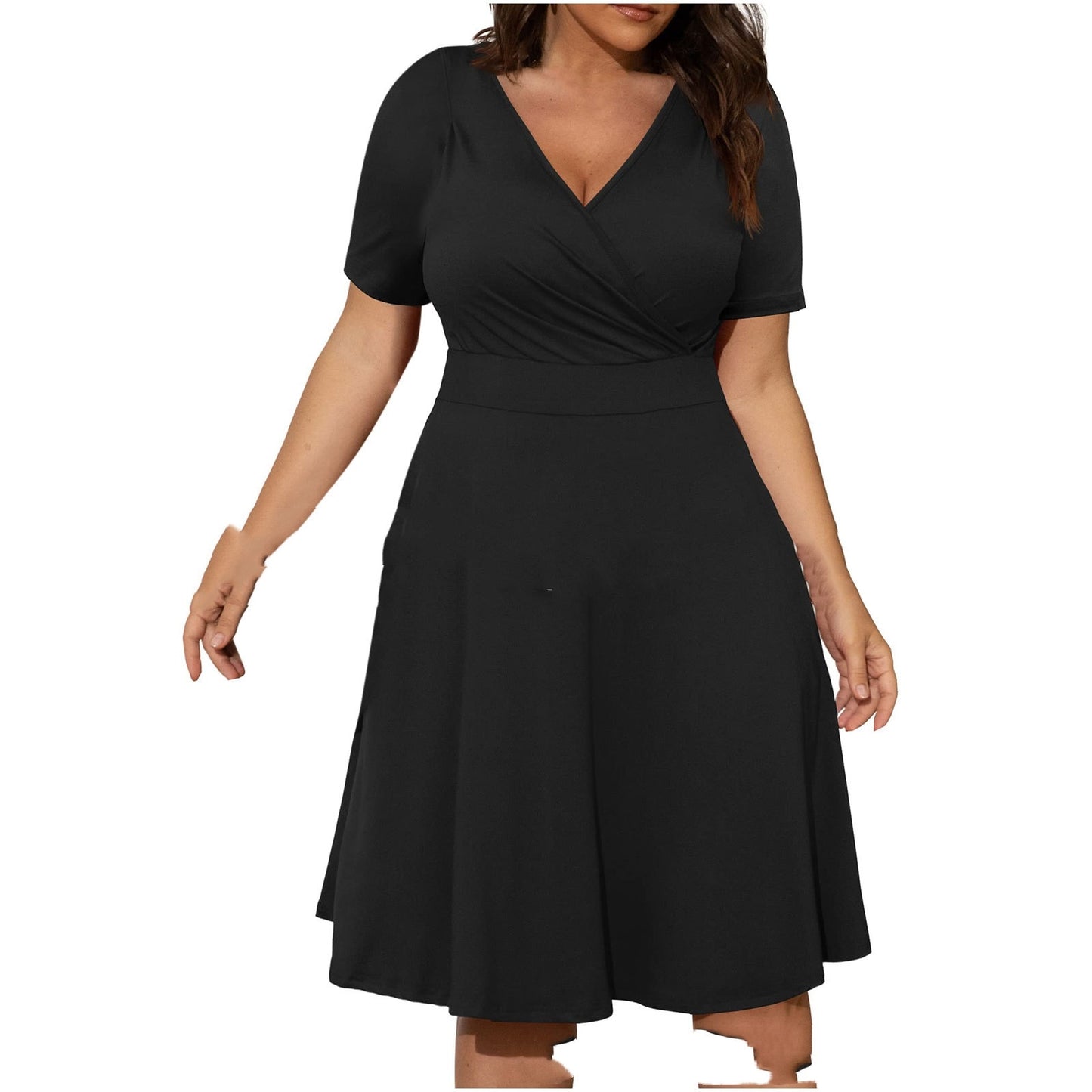 Plus Size Solid Color And V-neck Fashion Casual Fat Woman Commuter Short Sleeve