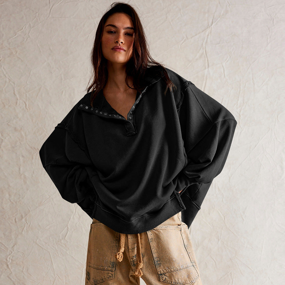 Fashion Button Lapel Sweatshirt With Slit Design Casual Sports Lantern Sleeve Pullover