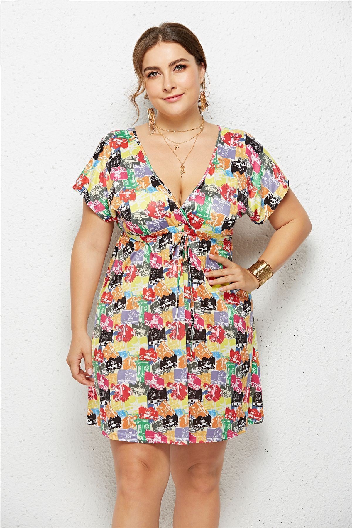Women Summer Print Dress Casual Deep V Neck Beach