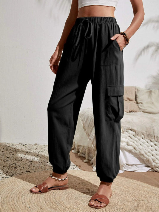 Nuova tuta con coulisse e tasche, pantaloni estivi alla moda, casual, versatili, tinta unita, pantaloni skinny, abbigliamento da donna