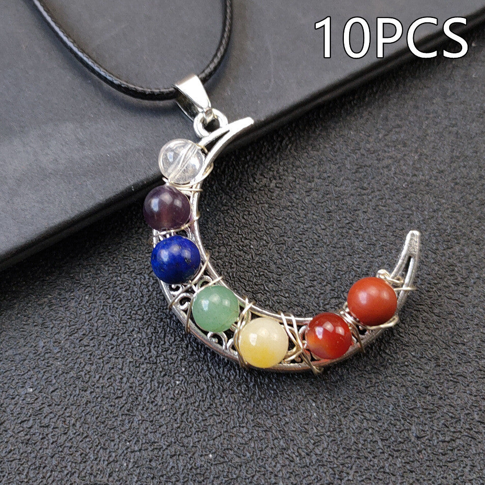 Collana con pentagramma a forma di luna e sette chakra in pietra di cristallo