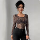 Transparent Leopard Mesh Round Neck Long Sleeved Fitted T-shirt
